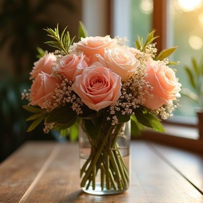 Styled image of a luxurious bouquet on a wooden table with soft lighting